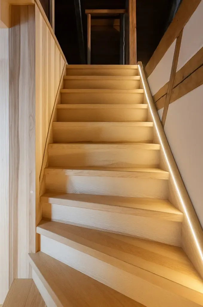 Eine moderne Holztreppe mit eingebauten LED-Lichtbändern entlang des Handlaufs führt in einem minimalistischen Interieur mit heller Holzvertäfelung und sichtbaren Balken nach oben.