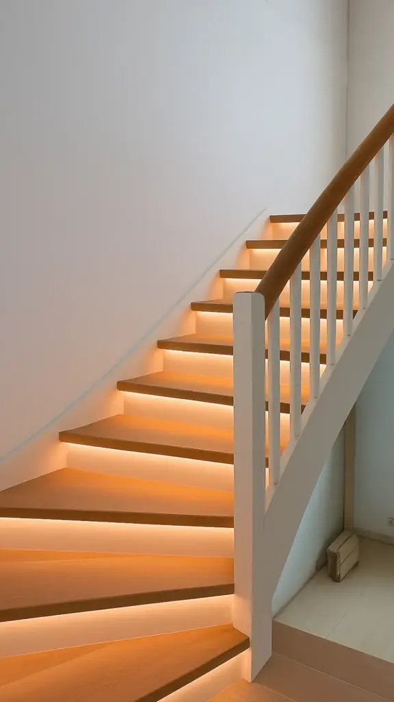 Eine moderne Holztreppe mit weißem Geländer und eingebauter warmer LED-Beleuchtung an den Kanten jeder Stufe, die sich neben einer schlichten weißen Wand nach oben wölbt.
