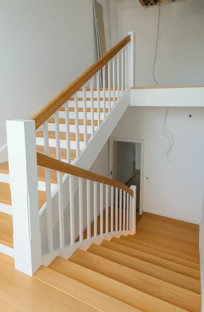 Eine moderne Holztreppe mit weißem Geländer und hellbraunen Stufen in einem hellen, unfertigen Raum mit weißen Wänden und freiliegenden Kabeln an der Decke.