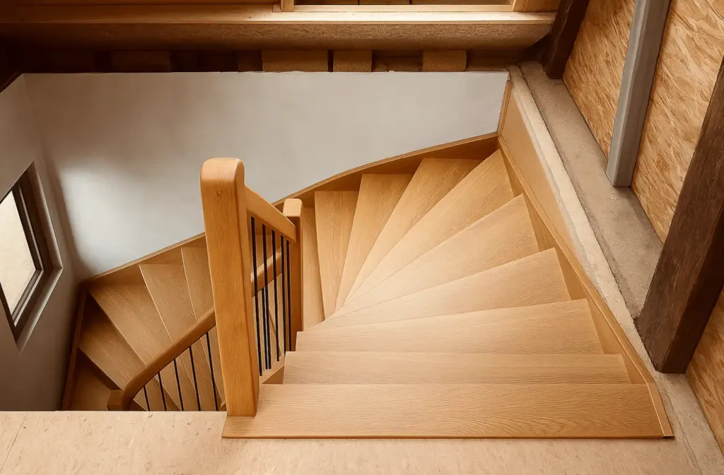 Eine gewendelte Holztreppe mit hellen Stufen und einem passenden Handlauf, von oben gesehen. Die Treppe schlängelt sich an einer weißen Wand entlang, und durch ein Fenster auf der linken Seite fällt natürliches Licht ein.