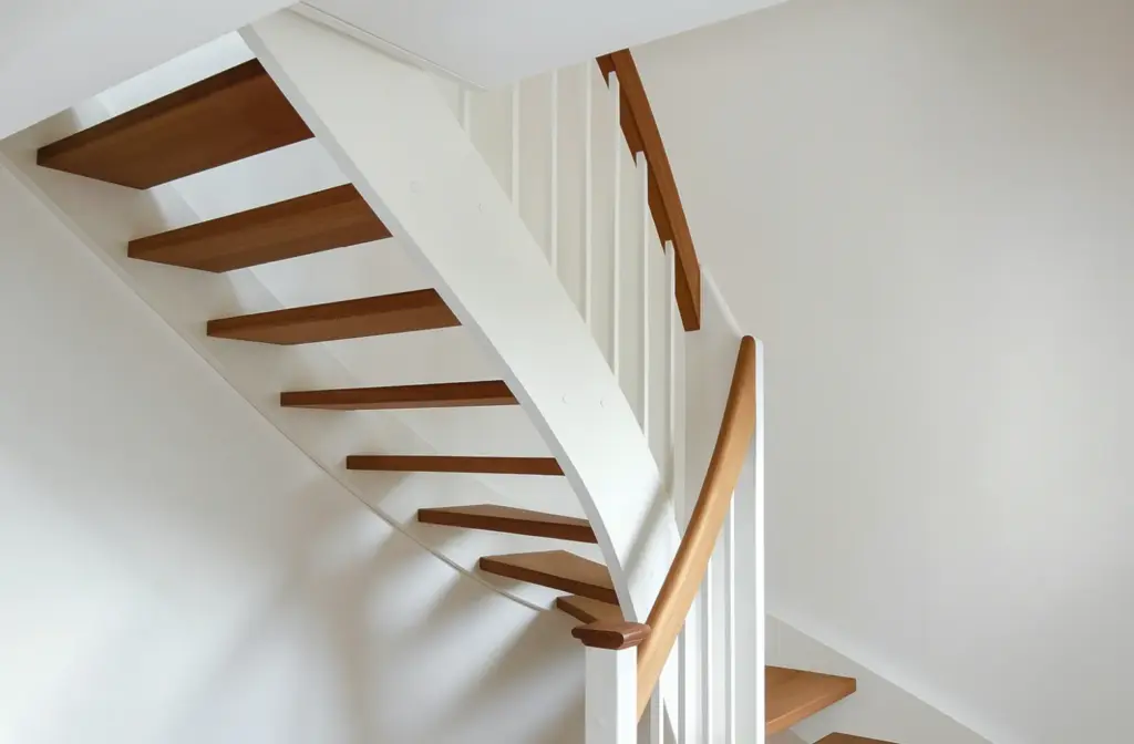 Eine moderne Treppe mit Holzstufen und weißem Geländer schlängelt sich vor einer weißen Wand in einem hellen, minimalistischen Interieur nach oben.