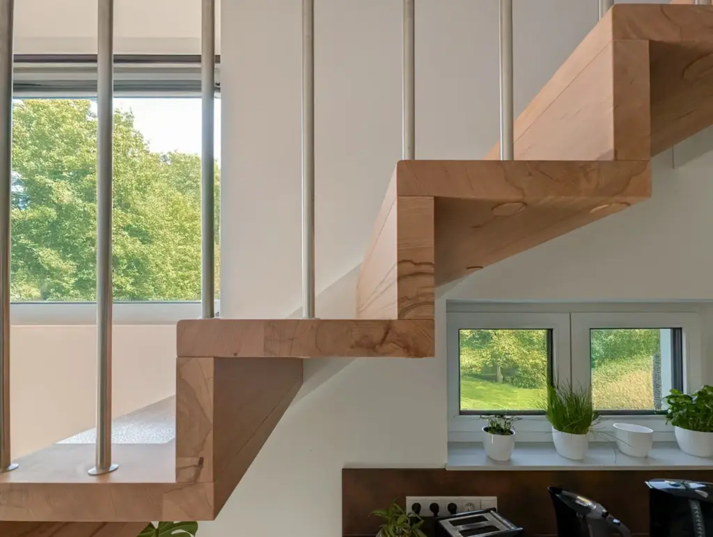 Eine moderne Holztreppe mit Zickzackmuster und Metallgeländer, neben großen Fenstern mit Blick auf grüne Bäume. Kleine Topfpflanzen stehen auf einer Fensterbank unterhalb der Treppe.