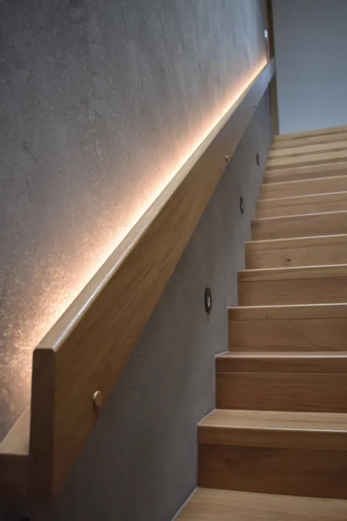 Eine moderne Holztreppe mit glattem Handlauf, beleuchtet durch ein Band aus weicher, warmer LED-Beleuchtung entlang einer strukturierten grauen Wand.