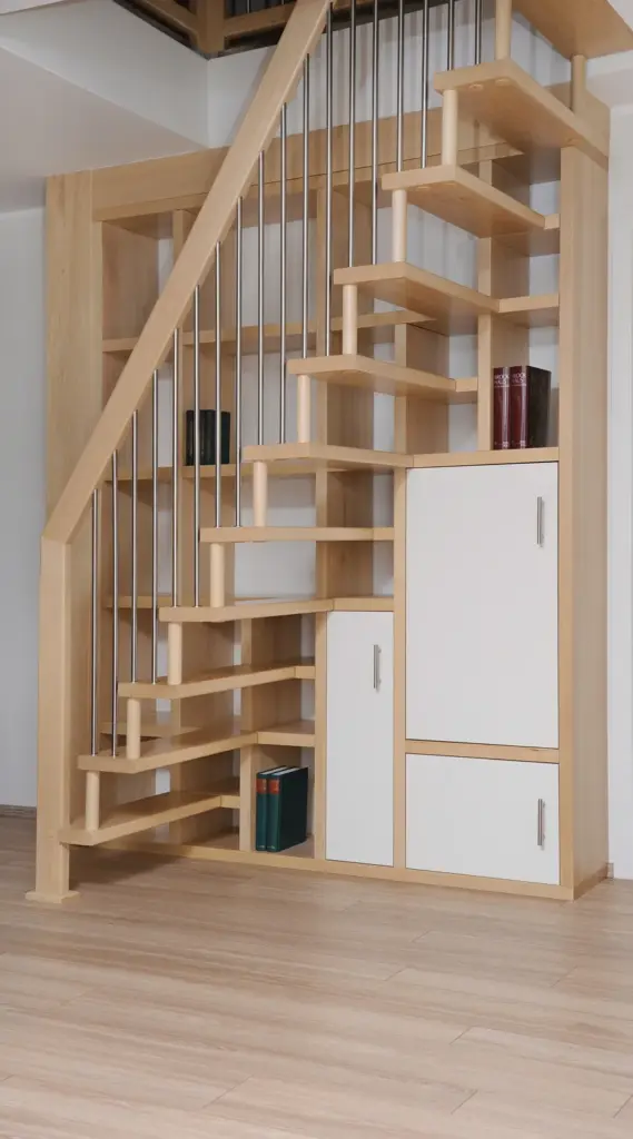 Eine moderne Holztreppe mit Metallgeländer, mit eingebauten Regalen, Schränken und darunter gelagerten Büchern, vor einer hellen Wand und einem hellen Boden.