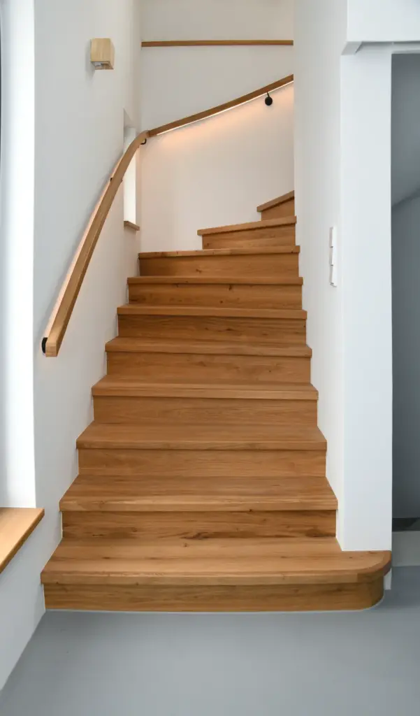 Eine moderne Holztreppe mit geschwungenem Design und Holzhandlauf, vor weißen Wänden und mit minimalistischer Beleuchtung. Die Treppe führt nach oben und biegt nach links ab.