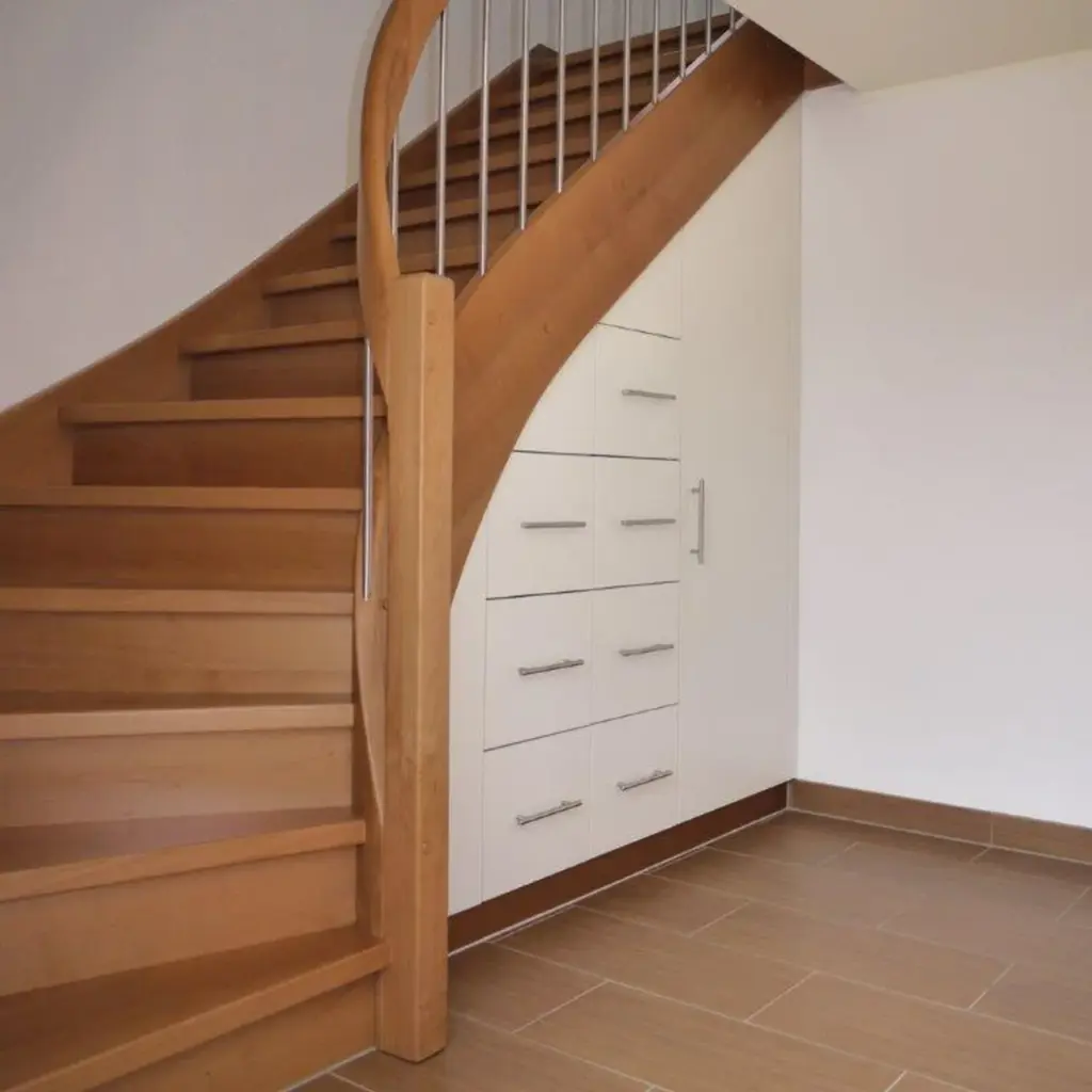 Eine moderne Holztreppe mit Metallgeländerstäben, unter der weiße Schubladen und Schränke zur Aufbewahrung eingebaut sind, in einem Raum mit hellbraunen Bodenfliesen und schlichten weißen Wänden.