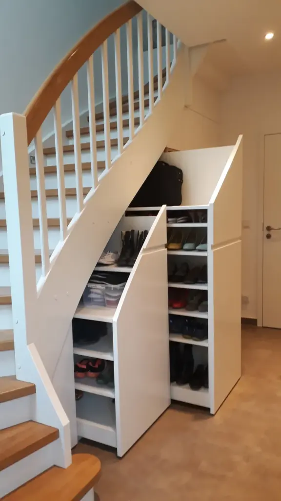 Weiße maßgefertigte Schränke mit ausziehbaren Regalen werden unter einer Holztreppe eingebaut, um Schuhe und Taschen ordentlich zu verstauen und den Platz unter der Treppe in einem Flur effizient zu nutzen.