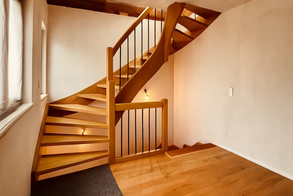 Eine moderne Holztreppe mit offenen Setzstufen und schwarzem Metallgeländer schlängelt sich in einem hellen, minimalistischen Raum mit hellen Wänden und Hartholzböden nach oben. Natürliches Licht fällt durch ein Fenster auf der linken Seite ein.