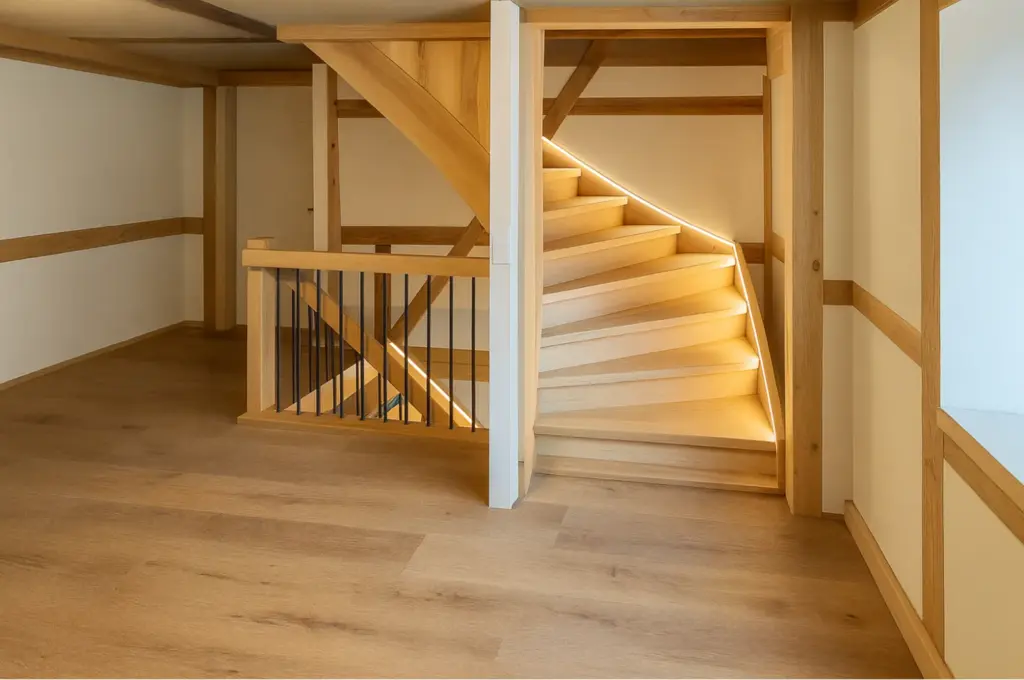 Eine moderne Holztreppe mit integrierten LED-Lichtbändern auf jeder Stufe führt von einem offenen, lichtdurchfluteten Raum mit Holzböden, Balken und weißen Wänden nach oben. Schwarze Geländer sorgen für Kontrast auf der Treppe und dem Treppenabsatz.