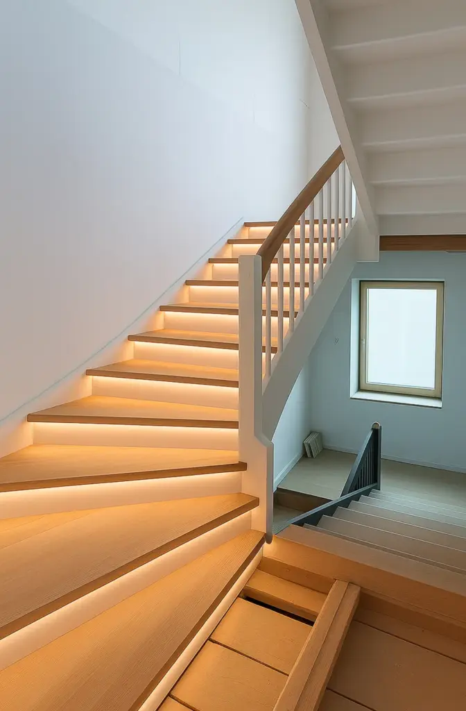 Eine moderne Innentreppe mit Holzstufen und eingebauten Lichtbändern an den Kanten, weißen Geländern und einem großen Fenster, das natürliches Licht hereinlässt. Das Design ist minimalistisch und sauber.