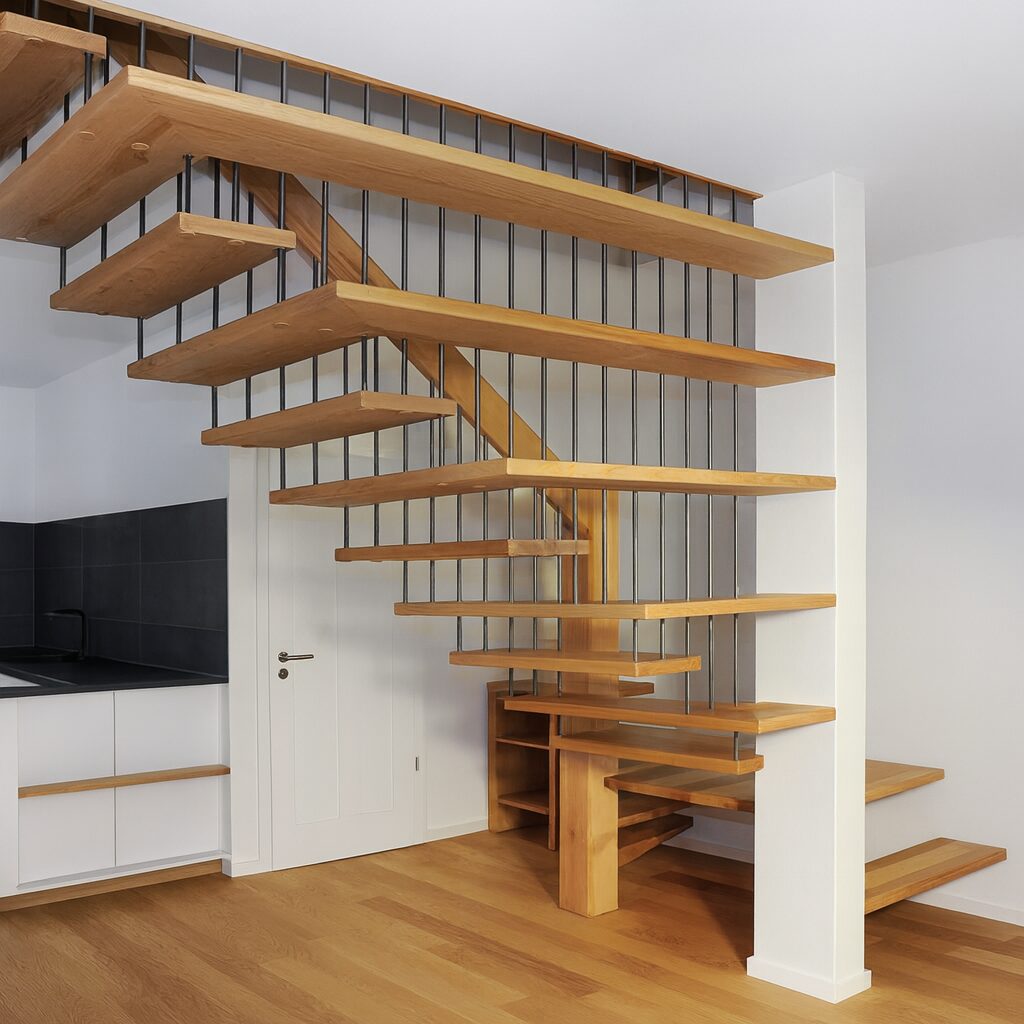 Eine moderne schwebende Holztreppe mit offenen Setzstufen und Metallgeländer windet sich in einem kompakten, minimalistischen Innenraum mit weißen Wänden und hellem Holzfußboden nach oben.