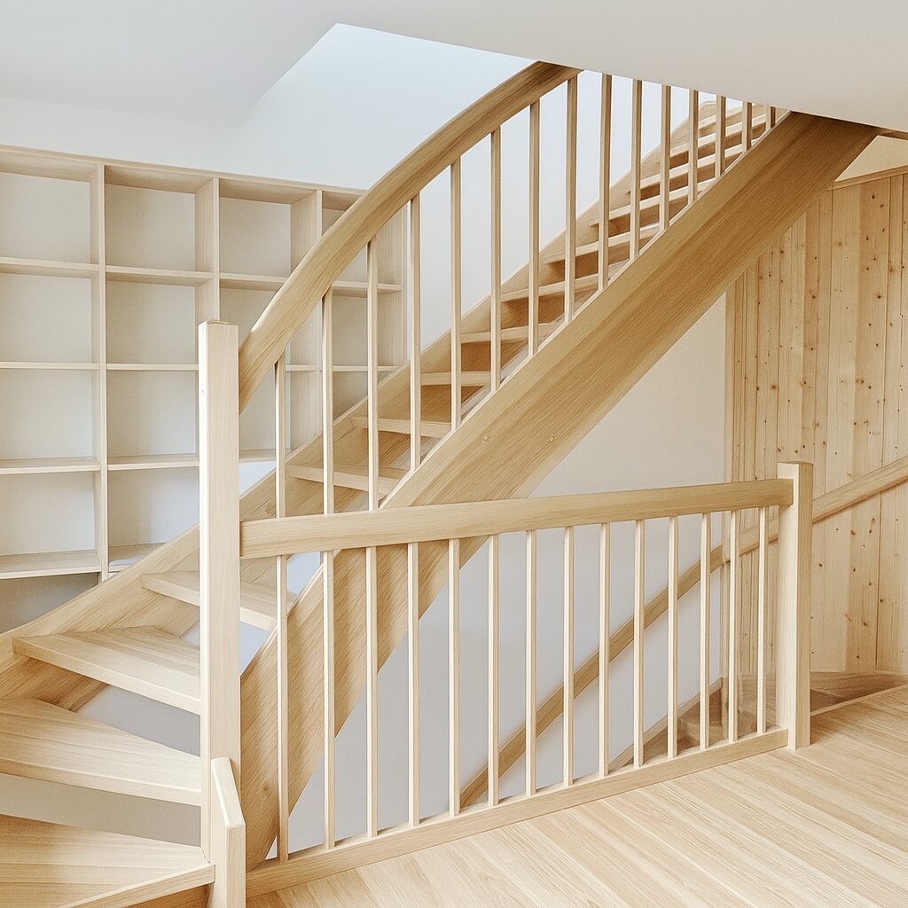 Eine moderne Holztreppe mit vertikalem Geländer und offener Gestaltung in hellen Naturholztönen. Ein eingebautes Regal auf der linken Seite sowie holzvertäfelte Wände und Böden sorgen für ein helles, minimalistisches Interieur.