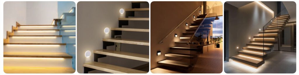 Vier verschiedene moderne Treppen, jede mit integrierter LED-Beleuchtung entlang der Stufen oder an den Wänden, die einen stilvollen und beleuchteten Look in zeitgenössischen Innenräumen schaffen.