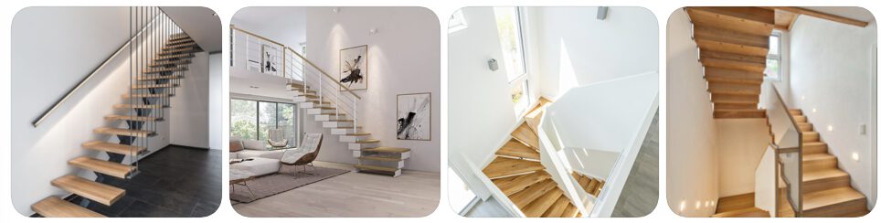 Eine Collage aus vier Bildern zeigt moderne Schwebetreppen mit Holzstufen und minimalen Metallgeländern in hellen, zeitgenössischen Innenräumen.