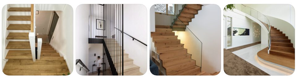 Vier verschiedene moderne Treppen: die erste und dritte haben Holzstufen mit minimalem Geländer; die zweite hat helle Stufen mit vertikalen schwarzen Stäben; die vierte ist eine breite, geschwungene Treppe mit Holzstufen und einem Glasgeländer.
