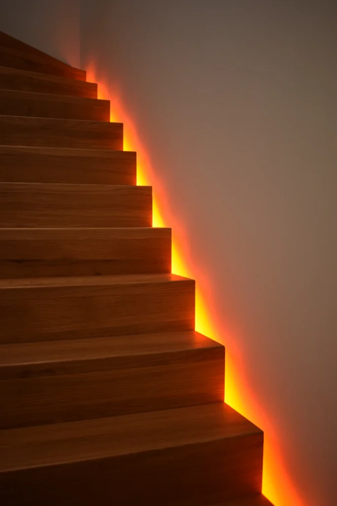 Eine Holztreppe mit modernem Design, beleuchtet von warmen orangefarbenen LED-Leuchten, die entlang der Kante, wo die Treppe auf die Wand trifft, installiert sind und einen leuchtenden Effekt erzeugen.