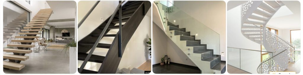 Eine Collage aus vier modernen Treppen: eine schwebende Holztreppe, eine dunkle Holztreppe, eine Treppe mit Glasgeländer und Steinstufen und eine geschwungene Treppe mit einem dekorativen weißen Geländer.