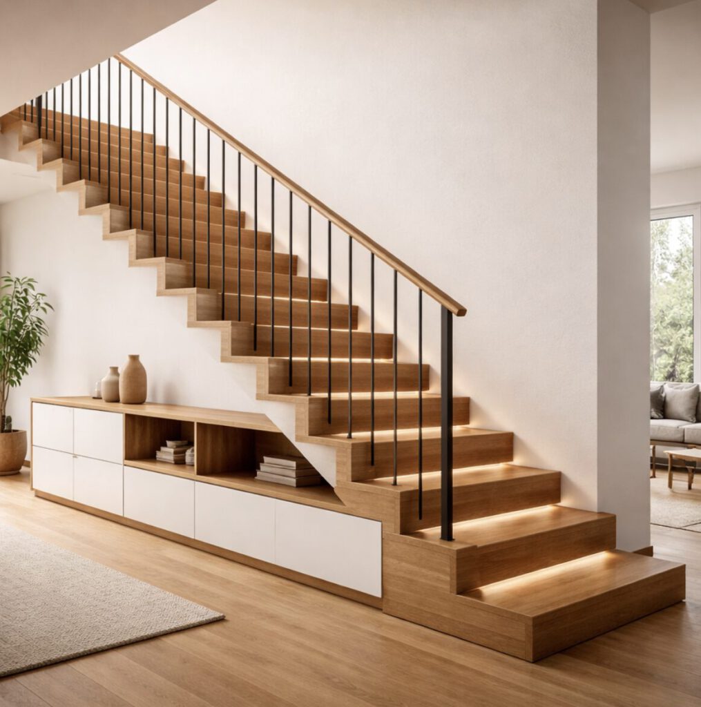 Eine moderne Holztreppe mit eingebautem Stauraum und LED-Leuchten unter jeder Stufe, schwarze Geländer und eine minimalistische Einrichtung in einem hellen Wohnraum mit großen Fenstern und einer Topfpflanze.