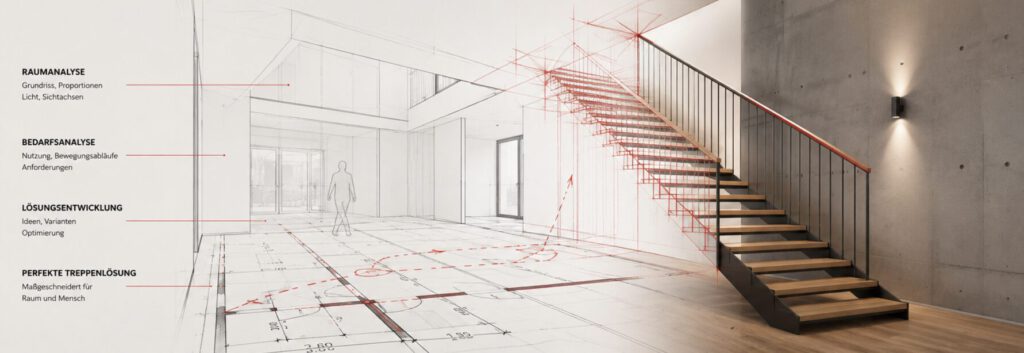 Ein modernes Interieur mit einer Holztreppe wird gezeigt, das mit einer technischen Architekturzeichnung verschmilzt, die in deutscher Sprache Notizen zur Raumanalyse, zu den Anforderungen, zur Lösungsentwicklung und zur optimalen Treppengestaltung enthält.
