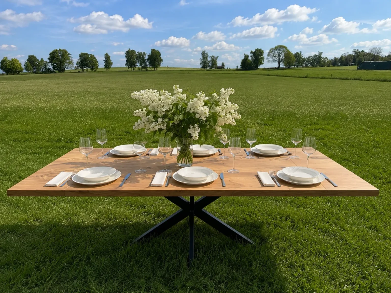 Auf einer Wiese steht ein Holztisch, gedeckt für sechs Personen, mit weißen Tellern, Gläsern, Besteck und Servietten. In der Mitte steht eine Vase mit weißen Blumen. Im Hintergrund sind Bäume und ein blauer Himmel mit Wolken zu sehen.