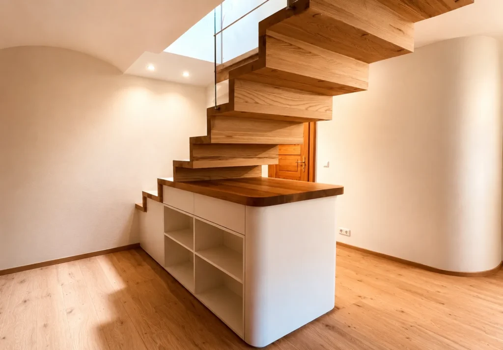 Eine moderne, schwebende Holztreppe mit offenen Setzstufen erstreckt sich über einem weißen Einbauschrank mit offenen Regalen in einem Raum mit hellem Holzboden und neutralen Wänden.