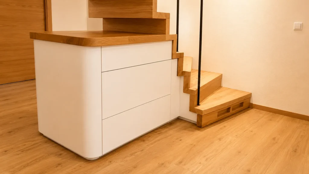 Eine moderne Holztreppe mit kleinen, minimalistischen Stufen neben einem weißen Schrank mit Holzakzenten, in einem Raum mit hellem Holzfußboden und beigen Wänden.