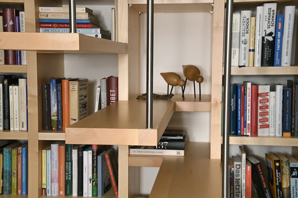 Ein modernes Bücherregal aus Holz, gefüllt mit Büchern, von denen einige horizontal und andere vertikal gestapelt sind; auf einem hervorstehenden Regal stehen zwei Vogelskulpturen aus Holz.